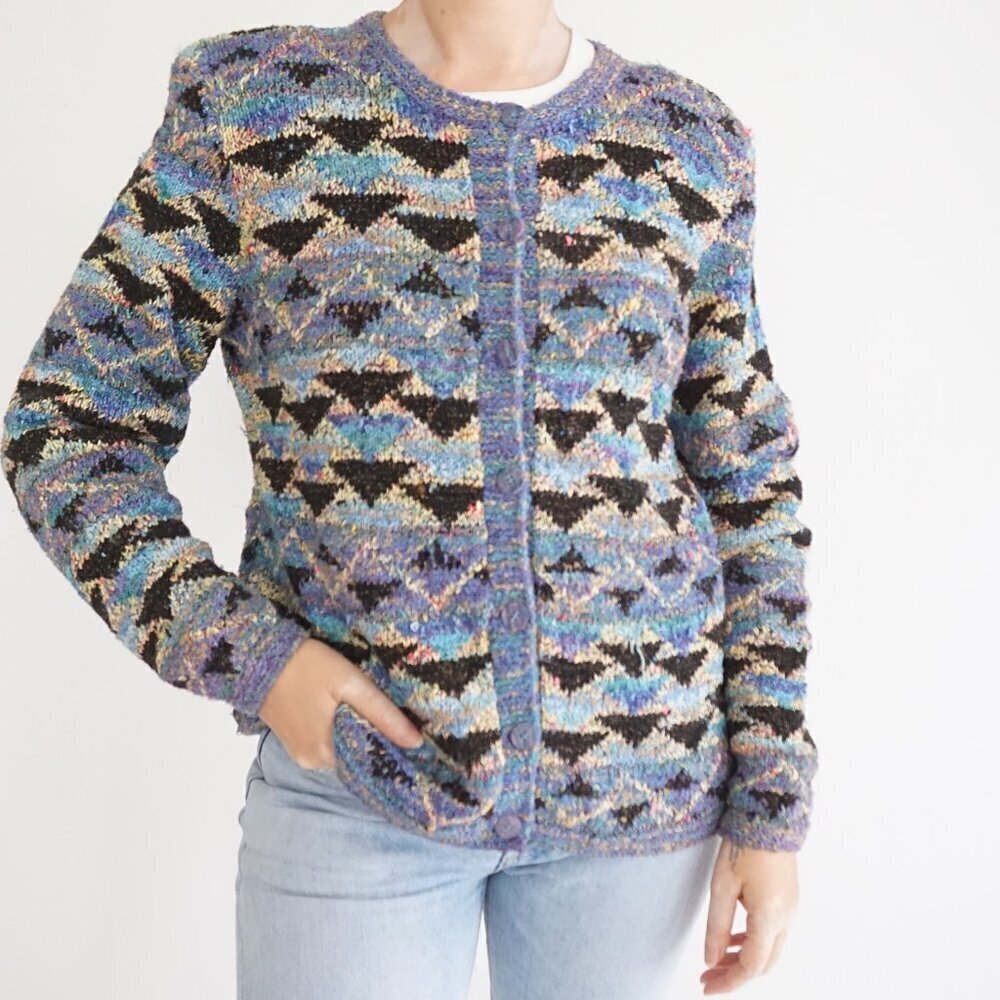 Vintage South Cotton Sweater 90s Hand Knit Multicolor Art Teacher Cozy M